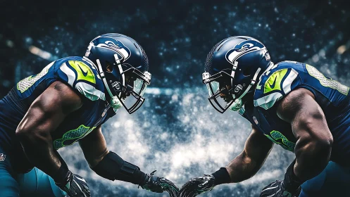 Symmetric gridiron confrontation of mirrored Seattle defenders.