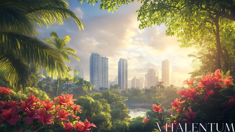 Tropical city skyline framed by lush flowers at sunrise.