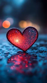Glowing Heart Symbol Radiates Neon Light Against Blue Bokeh