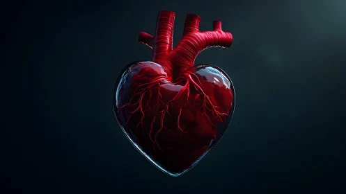Hyper-realistic Anatomical Human Heart in Dark Digital Art Style.