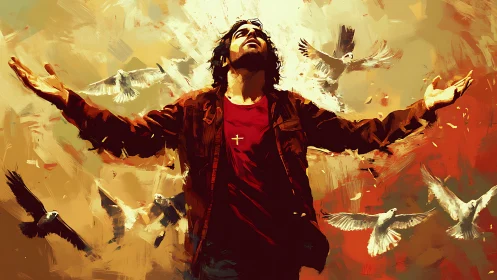 Kinetic digital painting of uplifted figure amid circling doves.