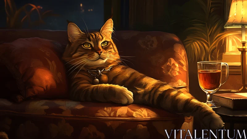 Tabby cat on patterned sofa beside lit table lamp at night.