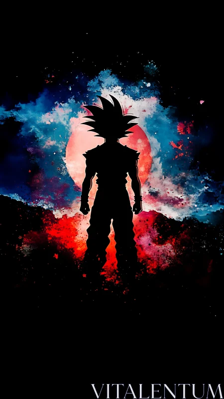 Silhouetted warrior stands before a cosmic red moon.