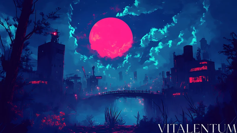 Neon moonlight pours over a misty futuristic city bridge