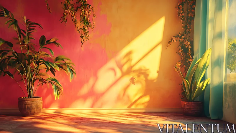 Sunlit tropical houseplants cast elongated shadows on wall
