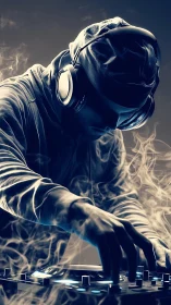 Smoke-wreathed DJ sculpting neon beats in shadowed glow.