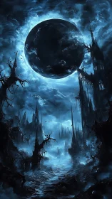 Eclipsed abyss above a haunted spire-torn wasteland.