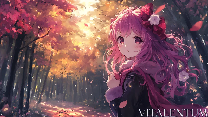 Anime autumn forest portrait with warm backlit composition.