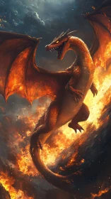 Inferno dragon rises through storm-lit fire and shadowed sky