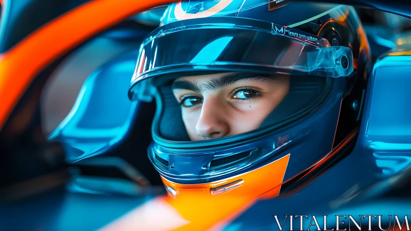 Focused race driver’s eyes lock on the track before launch