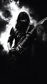 Silhouetted metal guitarist emerging from stormy light.