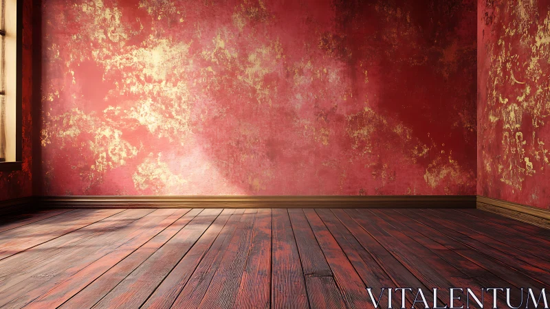 Scarlet sunlit corner with gold-kissed distressed walls.