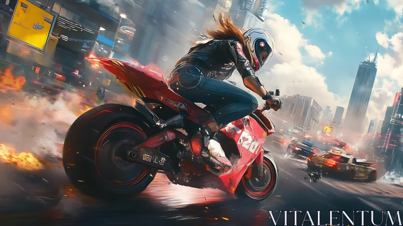 Aerodynamic red sport bike drifting through urban firestorm at speed