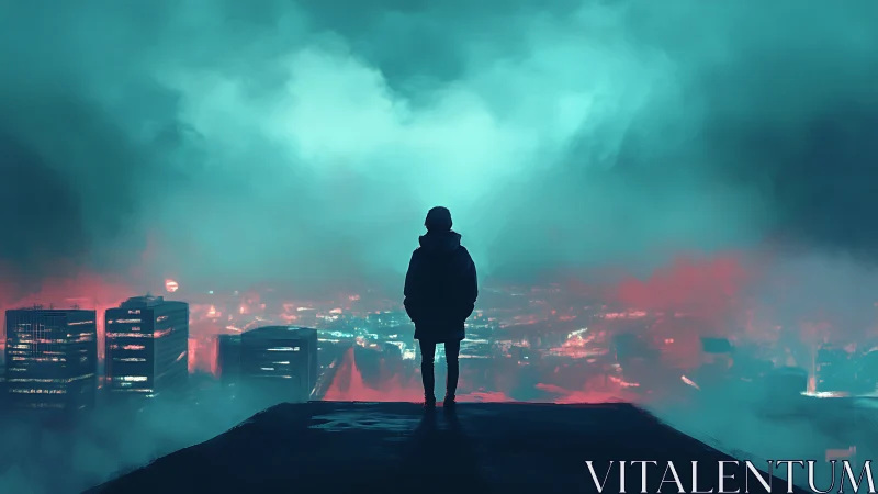 Solitary figure overlooking neon lit city in dense fog.