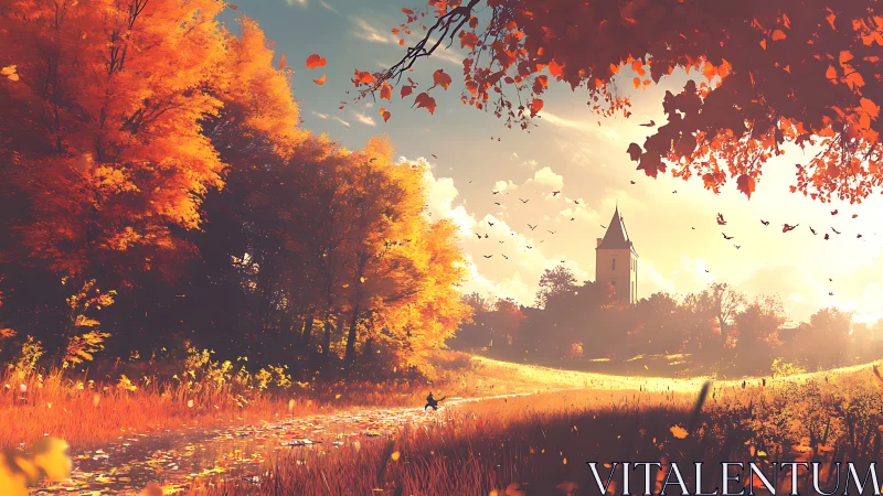 Autumn valley path with distant church under golden light.