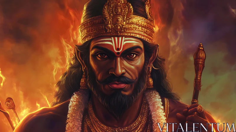 Regal warrior figure in ornate crown before flames.