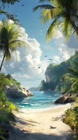 Tropical Cove Seascape with Palm Framed Beach and Flying Birds.