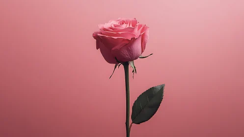 Pink Rose with Green Stem Against Monochromatic Background