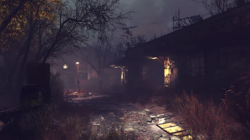 Foggy abandoned street glows with eerie yellow light at night.