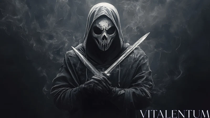 Shrouded reaper stands calmly with crossed silver blades ready