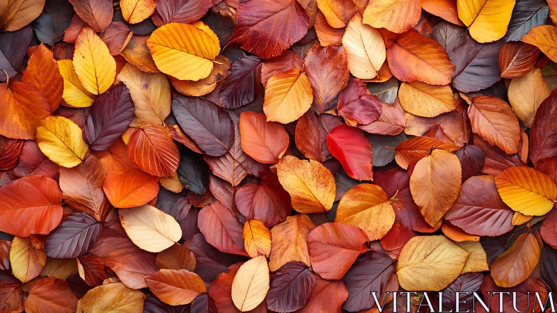 Fallen autumn leaves form a rich tapestry of warm color