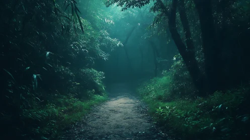 Dense forest path with filtered sunlight creating atmospheric depth