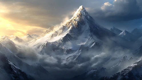 Sunlit alpine peak rises through swirling storm clouds