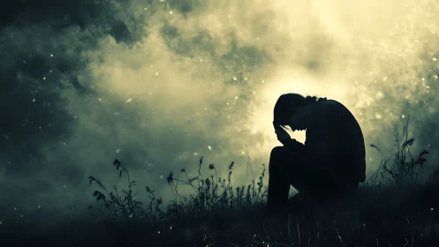 Silhouetted figure seated in grass under glowing sky.