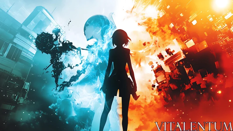 Silhouette striding between neon ice and urban wildfire worlds.