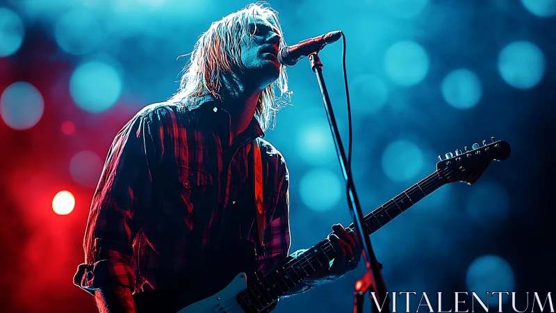 Backlit grunge guitarist under bokeh-saturated stage luminance.
