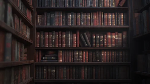 Dim library shelves hold dense rows of worn leather books
