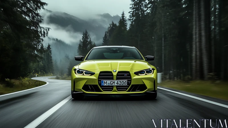 Bold yellow sports car enjoys a misty forest mountain drive