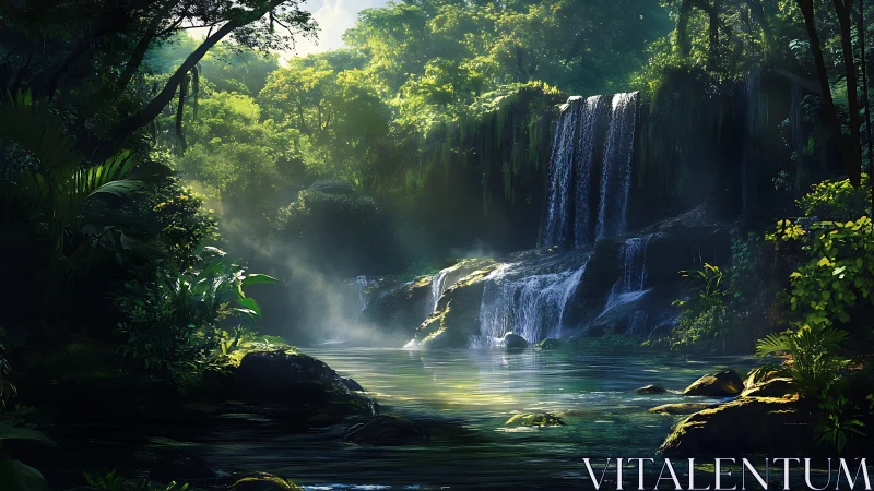 Dense forest waterfall and reflective pool under filtered light.