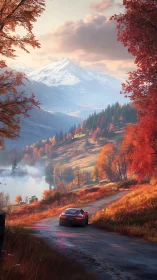 Red sports car follows winding autumn road toward snowy peaks