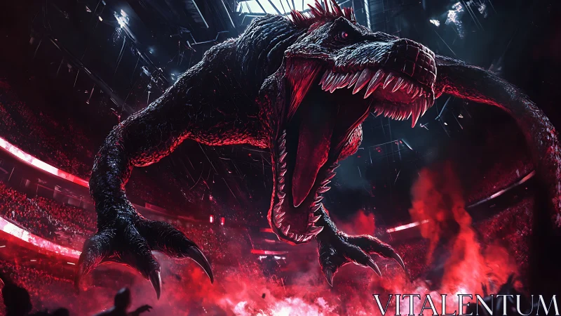 Colossal red-lit stadium monster lunges through smoke and steel.