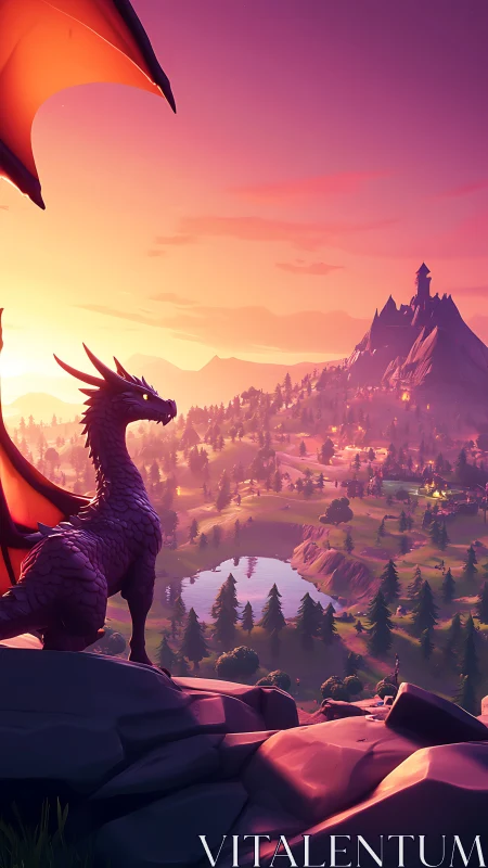 Dragon overlooks stylized valley landscape at sunset light