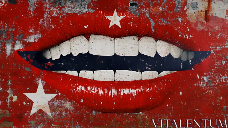 Star-splashed crimson lips shouting through painted static.