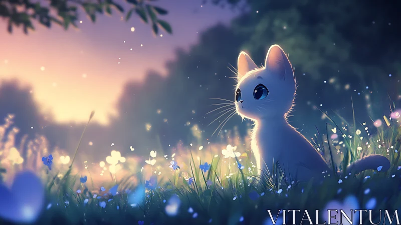 White Cat in Glowing Meadow at Dusk.