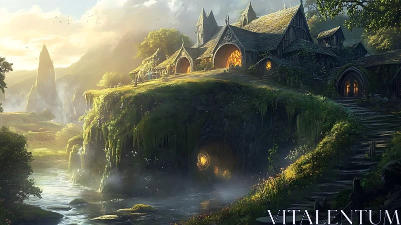 Elven cliffside sanctuary glows above a misty forest river.