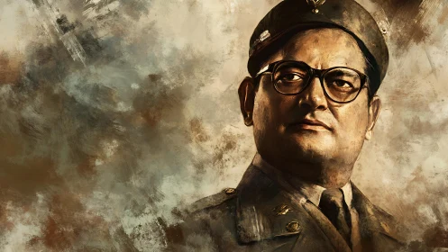 Stoic military leader portrait amid textured earth tones.