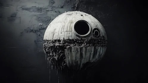 Mysterious ruined space sphere drifts in a dark silent void