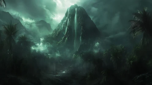 Atmospheric Tropical Landscape With Cascading Waterfall Formation