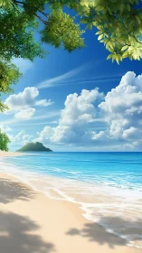 Tropical Beach Paradise with Mountain Island.