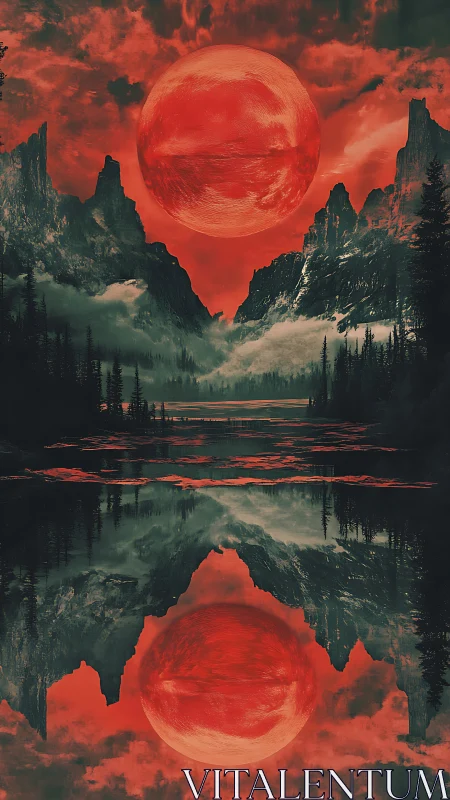 Crimson moonrise mirrored over misty mountain waters.