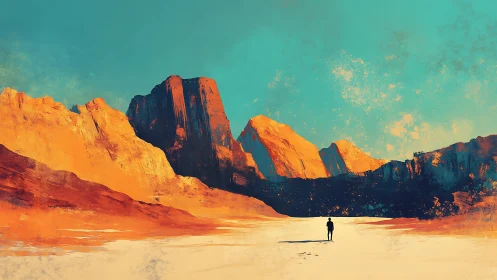 Solitary wanderer below blazing abstract desert cliffs.