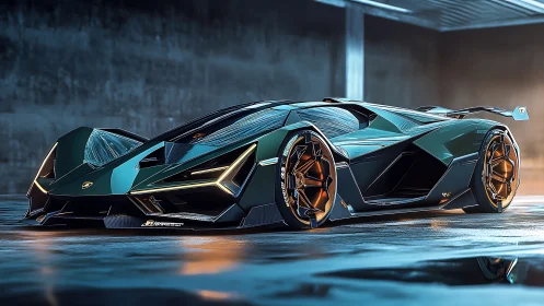 Midnight hypercar prowls a neon-lit concrete throne room