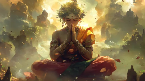 Meditative youth levitates in sunlit mythic temple ruins.