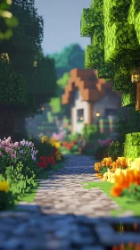 Voxel garden path leading toward cottage at sunrise.