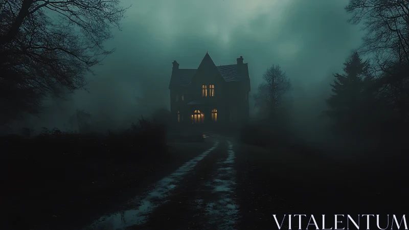 Lantern-lit manor swallowed by teal fog and whispered roads.
