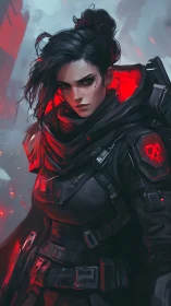 Cyberpunk huntress stands in red-lit urban warfare storm.